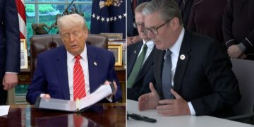 Sir Keir Starmer verdedigt ‘kleine tarief’-deal en daagt Kemi Badenoch uit: ‘Op de trein naar Solihull’