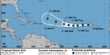 Tropische Storm Erin ontstaat bij Green Cape in de VS