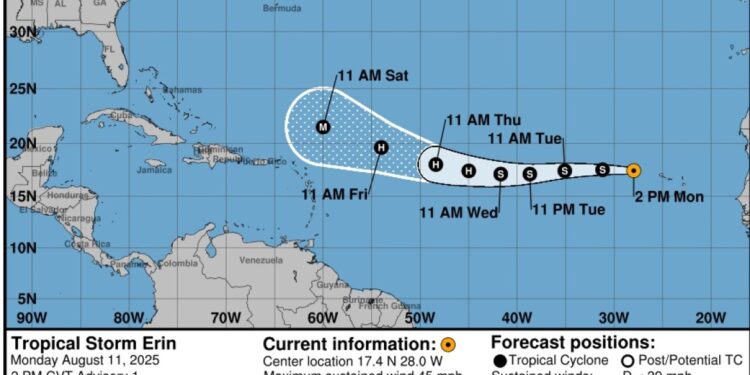Tropische Storm Erin ontstaat bij Green Cape in de VS
