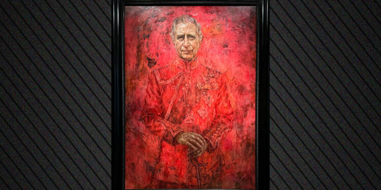 ‘Primeur: ‘Psychedelisch rode’ portret koning Charles tentoongesteld in Buckingham Palace’