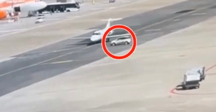 Fiat Panda botst op luxe jet tijdens opstijgen